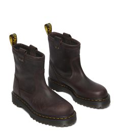 PRICES MAY VARY. Built from hardwearing Burnished Waxy Pull Up, a premium leather with an oily finish. Set on the stacked Bex Sole in smoke. Platform height: 1 in; Heel height: 1 3/8 in Pull Up, Pull Ups, Dr. Martens, Leather Fashion, Fashion Boots, Special Features, Leather Boots, Dark Brown, Heel Height