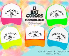 HOW TO ORDER 1. Select number of hats.  2. Put colors you want on hats in the personalization section PROOFS STRICT POLICY- sorry no proofs, the order will look like the main first photo. SHIPPING INFORMATION: NEW SHIPPING OPTION!: Select PRIORITY EXPRESS SHIPPING to upgrade your shipping to 1-2 day shipping (1 day shipping to most locations- ships from zip code 33301. To check your shipping time for express check usps.com) Keep in mind this does not include processing time which is 1-3 business Summer Birthday Snapback Hat, Summer Snapback Hats For Birthday, Personalized Summer Snapback Hats, Customizable Multicolor Hats For Gifts, Personalized Snapback Hat For The Beach, Customizable Multicolor Hat For Gift, Personalized Fun Summer Trucker Hat, Personalized Summer Trucker Hat, White Letter Print Hat For Birthday