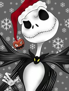 a cartoon skeleton wearing a santa hat and holding a pumpkin