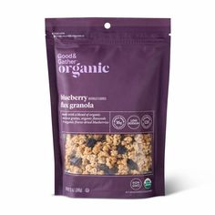 good & organic blueberry granola bag on a white background with clippings