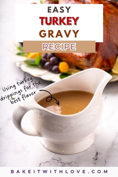 A gravy boat of homemade turkey gravy in front of a roasted turkey. Thanksgiving Gravy Recipes, Gravy Turkey, Make Ahead Turkey Gravy, Best Turkey Gravy, Turkey Gravy From Drippings, Homemade Turkey Gravy, Making Turkey Gravy, Thanksgiving Gravy, Turkey Gravy Recipe