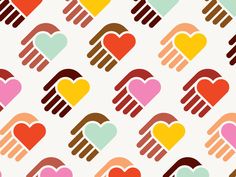 colorful hearts and hands on a white background with brown, pink, green, orange, and red colors