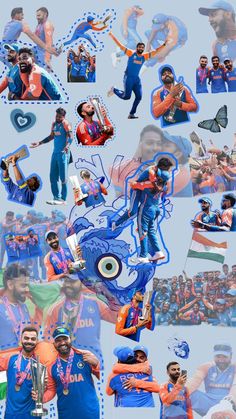 the collage shows many different pictures of men in blue and orange outfits, one with an eye on his face