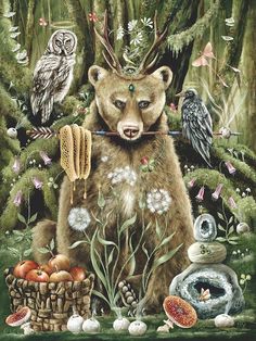 a painting of a bear with an owl on his head and other animals around him