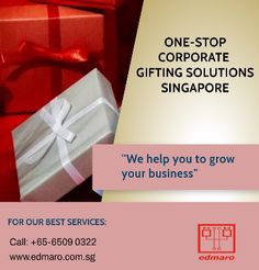 an advertisement for a gifting company with gifts wrapped in red and white paper on it