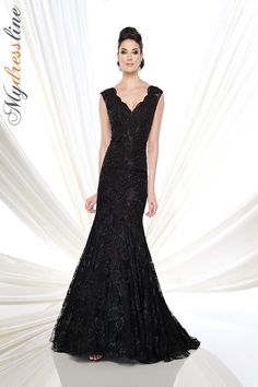 This stunning sleeveless trumpet gown is perfect for any formal occasion. The beautiful lace and mesh fabric is adorned with scalloped lace detailing at the neckline and back, and a sweep train completes the look. A matching shawl is included to keep you warm on cooler evenings. Gowns Couture, Intricate Beading, Mother Bride, Exquisite Gowns, Trumpet Dress, Trumpet Gown, Couture Candy, Bride Gowns, Mermaid Silhouette