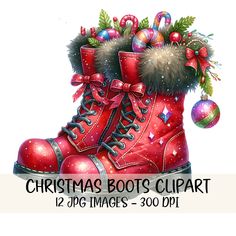 a pair of red boots with christmas decorations on top and the words christmas boots clipart