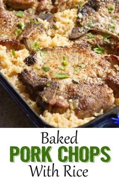 baked pork chops with rice in a blue casserole dish