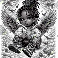 a black and white drawing of a child with wings on her head, sitting in the clouds