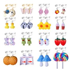 PRICES MAY VARY. Weird Clip on Earrings Set: You can get 16 pairs cute clip earrings with different designs. Including paint palette, yellow daisy flower, ice cream, lollipop, hamburger, yellow rubber duck, red strawberry, red goldfish bag, pink butterfly, blue mushroom, green frog, dice, planet, astronaut and more. Enough choice for you to choose the proper clip-on earring to match your outfits. An earring box is given for your convenience. Novel and Adorable Designs: These weird earrings are d Weird Earrings, Crazy Earrings, Earrings Funny, Weird Jewelry, Funny Earrings, Bottle Earrings, Kawaii Earrings, Y2k Accessories, Earrings Aesthetic