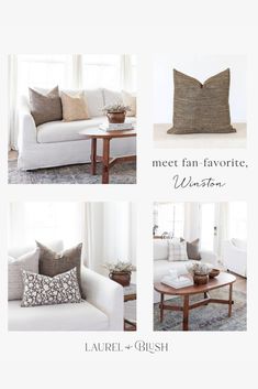 four different pictures of couches and pillows in the same room with text that reads meet fan favorite winter