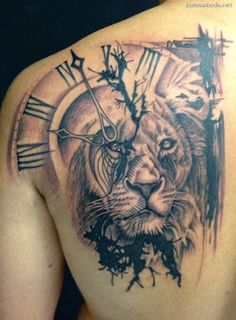 the back of a woman's shoulder with a lion and clock tattoo on it