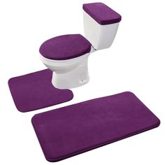 three piece bathroom set with toilet and rugs in purple, isolated on white background