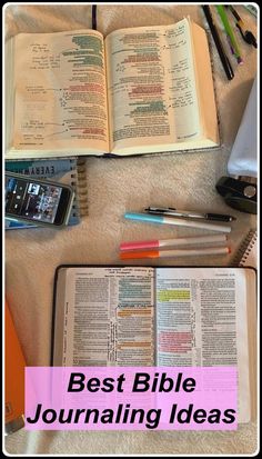 an open bible sitting on top of a table next to pens and pencils with the words best bible journaling ideas