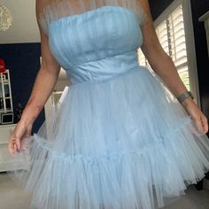 Sky Blue Mini Tulle Dress! Fun For Any Party, New, Never Worn Dress. Mini Tulle Dress, Bridal Maxi Dress, Sparkle Gown, Strapless Ruffle Dress, Strapless Party Dress, Snake Skin Dress, Social Dresses, Strapless Floral Dress, Lace Strapless