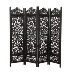 DecMode 80" x 72" Black Wood Floral Handmade Hinged Foldable Partition 4 Panel Room Divider Screen with Intricately Carved Designs, 1-Piece is a unique addition to your stylish home. Maximize your home space with this Bohemian-inspired room divider to give a calm and collected vibe. This item ships in 1 carton. Due to the handmade nature of this item, no two will be alike, there will be slight differences in shape, size, and color. Suitable for indoor use only. This item ships fully assembled in Black Room Divider, Foldable Partition, Free Standing Room Divider, Standing Room Divider, Folding Screen Room Divider, Wood Room Divider, 4 Panel Room Divider, Wooden Room Dividers, Partition Screen