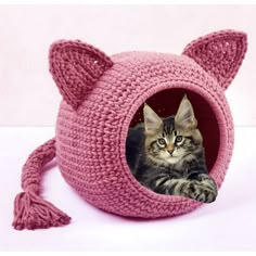 a cat in a pink crochet kitty house