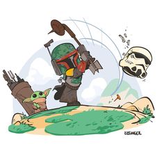 an image of a cartoon scene with the child and star wars characters in action, including boba fett