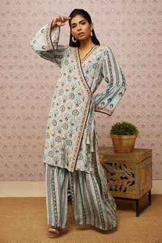 Shop for Soup by Sougat Paul Blue Crepe Embroidered Angrakha And Palazzo Set for Women Online at Aza Fashions Sougat Paul, Printed Embroidery, Palazzo Set, Indian Fashion Designers, Pernia Pop Up Shop, Kurta Set, Set For Women, Flared Sleeves, Blue Fabric