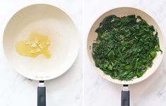 spinach being cooked in a skillet and then stirred with an egg yolk