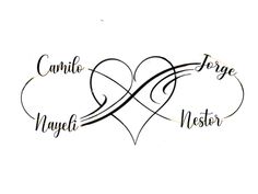 two hearts with the names of two people and one is in black ink on a white background