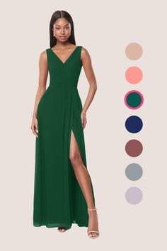 a woman in a long green dress with slits on the side and color swatches