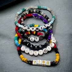 Beaded bracelets based on solo songs by Jimin of BTS. Mix and Match to create your perfect combination. Featuring Promise, Serendipity, Lie, Filter, and Vibe.  Closer Than This bracelets available here https://meekostreasures.etsy.com/listing/1640773945/closer-than-this-jimin-bts-beaded Face album bracelets available here https://meekostreasures.etsy.com/listing/1548785590/face-jimin-album-themed-beaded-bracelets Please keep in mind that colors may appear different due to individual screen setti Kpop Style Friendship Bracelets With Round Beads, Multicolor Round Beads Kpop Jewelry, Kpop Style Beaded Bracelets As Gift, Kpop Style Letter Beads Jewelry, Multicolor Kpop Jewelry For Friendship, Album Bracelets, Bts Accessories, Bts Jimin, Friendship Bracelets