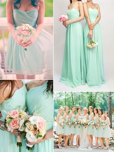 bridesmaids in mint green dresses and bouquets