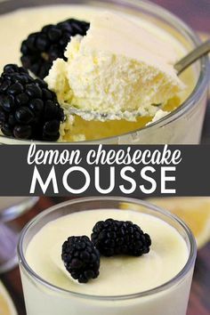 lemon cheesecake mousse with blackberries and whipped cream