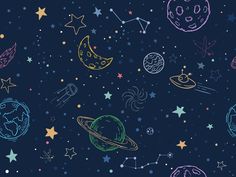 the planets and stars are drawn in chalk on a dark blue background with white outlines