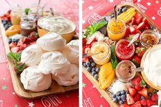 there are two pictures of different foods on the table and one has fruit in it