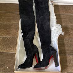 Item Have Been Worn Previously. Still In Great Condition. I No Longer Have The Original Box. Please Message Me If You Have Questions Elegant Winter Boots With Red Sole, Luxury Boots With Red Sole For Fall, Luxury Fall Boots With Red Sole, Designer Fitted Boots With Red Sole, Fitted Black Boots With Red Sole, Boots Suede, Louboutin Shoes, Christian Louboutin Shoes, Over The Knee Boots