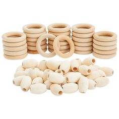 wooden beads and rings on a white background