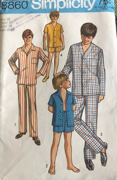 Vintage sewing pattern,  Simplicity 8860,  Boys summer and Fall pajama's, short pants and long pants.  All pieces included, instructions are included. And in good condition.  1970 This is a USED pattern not a completed item.   All patterns, fabric and vintage items are As-Is. Studio is smoke and pet free. Buy 5 patterns, get 1 free. All vintage, used items on this website are "As Is Boy Pajamas, Pajama Pattern, Vintage Boys, Couture Vintage, Boys Pajamas, Simplicity Patterns, Pajama Top, Vintage Sewing Patterns, Vintage Pattern