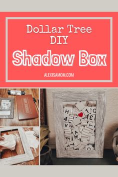 the dollar tree diy shadow box is shown with photos and letters on it, along with