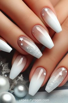 New Years Nail Designs White, Sparkling White Nails, Pretty Birthday Nails, Acrylic With Gems, White Nail Set, Bright Nail Art, Cute Milk, Uk Nails, 2023 Nails