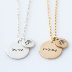 "Personalized rainbow necklace simple, dainty, minimal, perfect for layering, personalize large disc with Mom or Mama + smaller disc with a rainbow or angel wings. Offered in quality 14k gold fill, sterling silver, and rose gold fill, a beautiful piece you will enjoy and wear close to their heart. HOW - TO - ORDER 1. Select your options from the drop down menu see photo for font styles and symbol options 2. Chain length options are 16\", 18\", 20\" & 22\". For additional chain lengths a ½\", Minimalist Round Disc Charm Necklace For Mother's Day, Minimalist Charm Necklace For Mother's Day, Customizable Rainbow Jewelry For Gifts, Personalized Rainbow Jewelry For Mother's Day, Angel Mama, Angel Wings Necklace, Wings Necklace, Baby Necklace, Mama Necklace