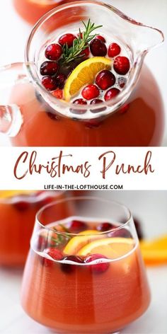 a pitcher filled with cranberry punch and garnished with orange slices