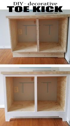 two pictures of the inside of a white cabinet with wood trim and shelves on each side