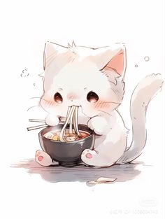 a cat eating out of a bowl with chopsticks in it's mouth