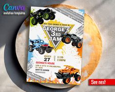 a birthday card with four monster trucks on it and the name george's 3rd jam