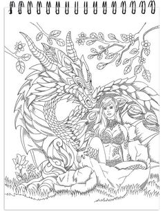 a drawing of a woman sitting on the ground with a dragon in her lap next to her