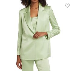 Nwt$495 Alice And Olivia Denny Satin Single Breasted Blazer Jacket In Green Sz 6 Alice + Olivia's Denny Single-Button Blazer Is Crafted Of Satin. This Tailored Style Features Notch Lapels, Long Sleeves, And Welt Waist Pockets. Notch Lapels Long Sleeves Welt Waist Pockets Button-Front Closure Lined Triacetate & Polyester 19.5" Armpit-Armpit About 28" From Shoulder To Hem **Few Pen Marks As See In Pic - Can Try To Dry Clean Or Wash To Remove. Also Indent From Security Tag** Please Ask Questions If Elegant Green Outerwear For Evening, Elegant Green Silk Outerwear, Green Formal Button-up Blazer, Chic Green Button-up Blazer, Semi-formal Satin Blazer With Hidden Button Closure, Tweed Boucle Jacket, Green Single Breasted Button-up Blazer, Green Notch Lapel Blazer With Double-breasted Buttons, Black Velvet Blazer