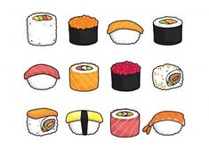 different types of sushi on a white background