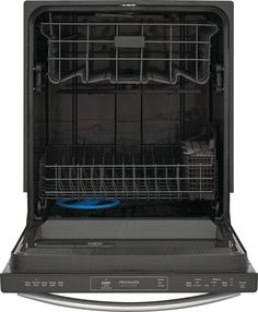 an empty dishwasher is shown with the door open and blue handle on it