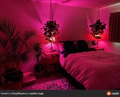 a bedroom with pink lighting and plants in the corner, along with two hanging planters