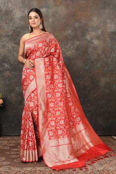 Buy red Banarasi saree online in USA with heavy minakari zari jaal. Look royal at weddings and festive occasions in exquisite Banarasi saris, handwoven sarees, tussar silk sarees, Bollywood sarees, partywear sarees from Pure Elegance Indian saree store in USA.-full view Red Jamawar Saree, Red Meenakari Jamawar Saree, Red Jamawar Saree With Zari Weaving, Red Meenakari Saree In Traditional Drape, Red Meenakari Katan Silk Traditional Wear, Red Saree With Meenakari In Traditional Drape, Red Jamawar Traditional Wear With Meenakari, Red Banarasi Saree, Partywear Sarees