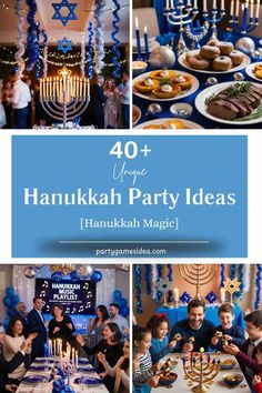 hanukkah party with menorah candles and food