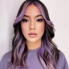 Brown Balayage with Purple Money Pieces Lilac Balayage On Dark Hair, Brown Hair With Lilac Peekaboo, Low Maintenance Purple Hair, Vibrant Money Piece Hair, Light Purple Money Piece Hair, Purple Front Hair Streaks, Purple Hair With Money Piece, Lavender Money Piece Hair, Purple Halo Hair