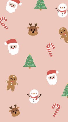 christmas wallpaper with santa claus, snowman and other holiday items on pink background